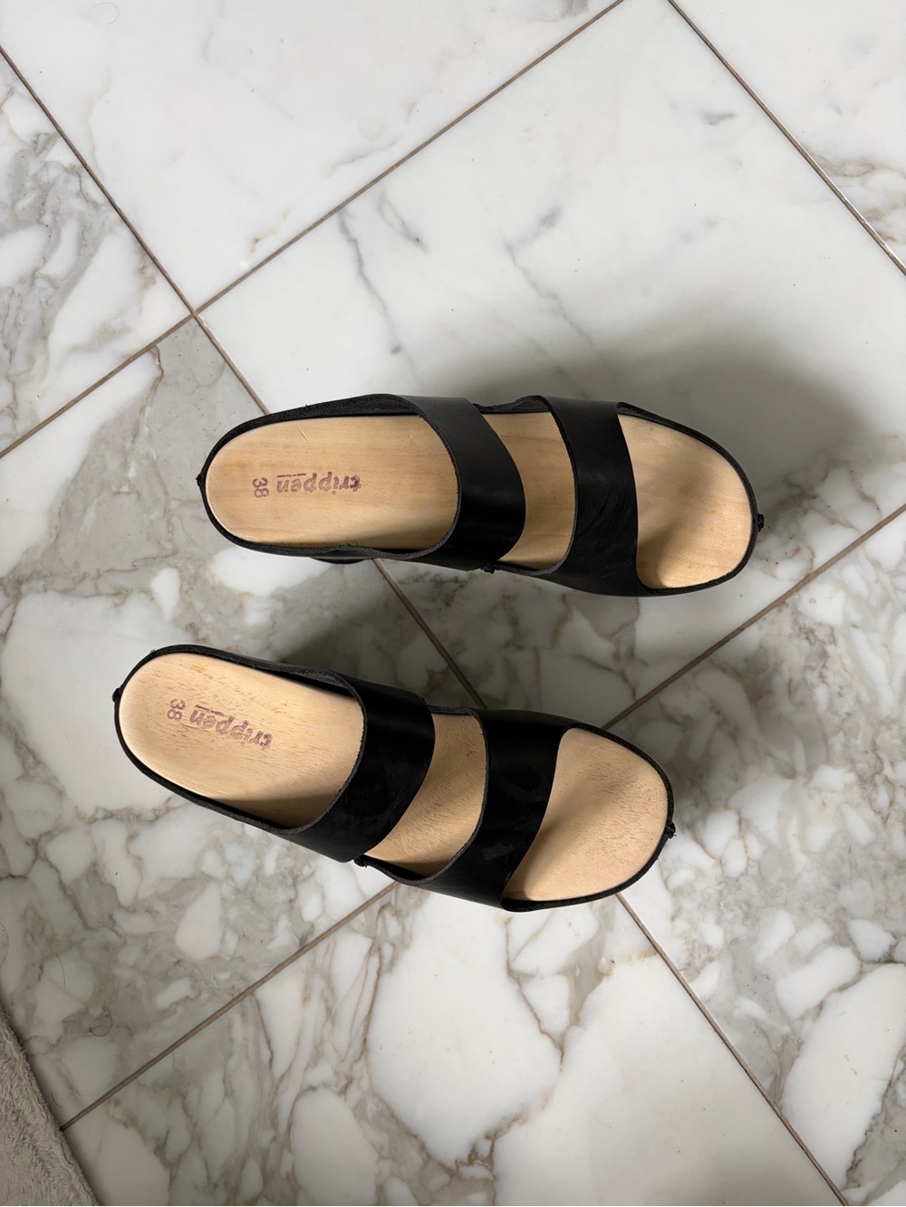 Black Two-Strap Wedge Mules with Wood-Look Footbed